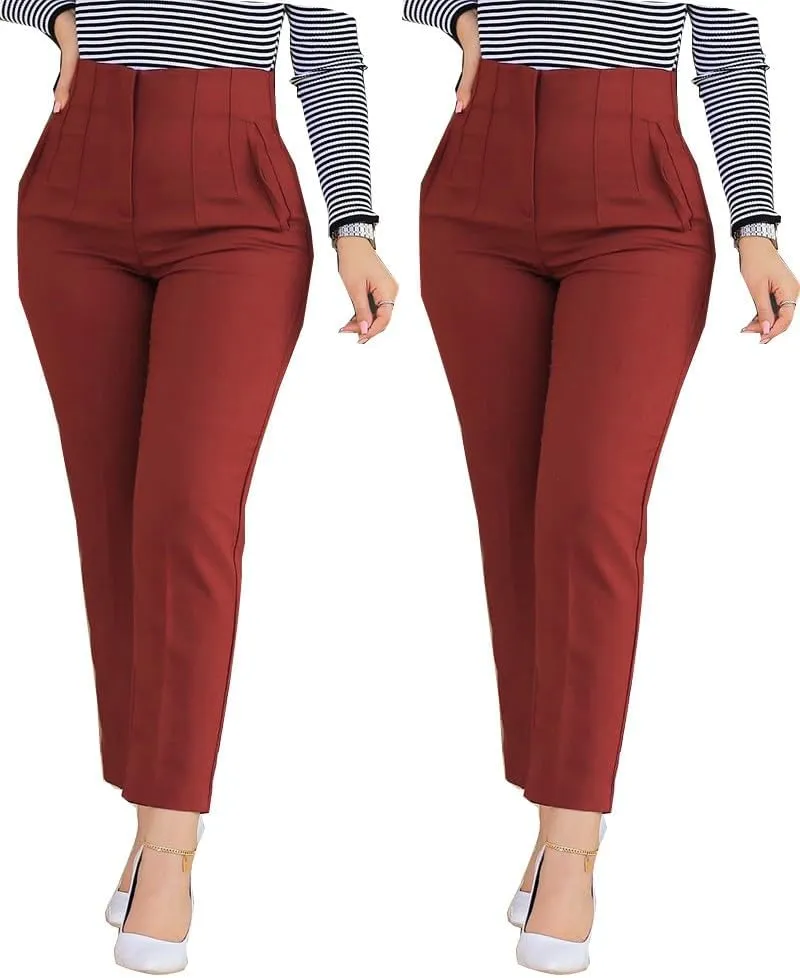 Women High Waist Cropped Work Pants Solid Zipper Trouser Pant Casual Baggy Elastic Waist Trouser Wide Leg Pant with