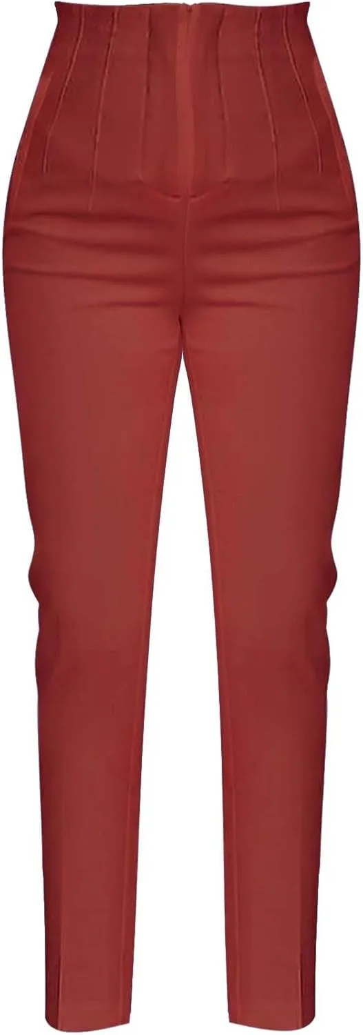 Women High Waist Cropped Work Pants Solid Zipper Trouser Pant Casual Baggy Elastic Waist Trouser Wide Leg Pant with