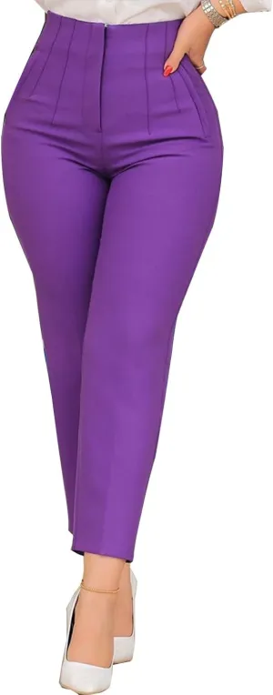 Women High Waist Cropped Work Pants Solid Zipper Trouser Pant Casual Baggy Elastic Waist Trouser Wide Leg Pant with