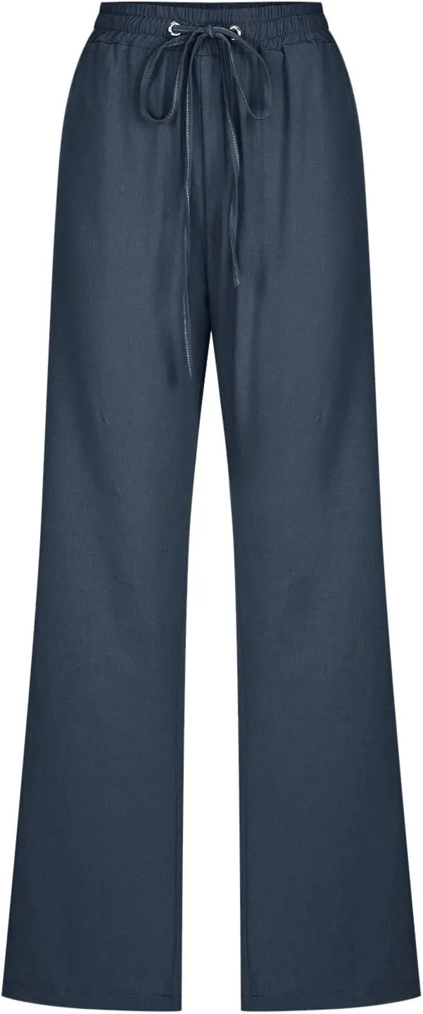 Women High Waisted Wide Leg Pants Casual Drawstring Elastic Trousers Comfy Straight Leg Cotton Jogging Pants for Women