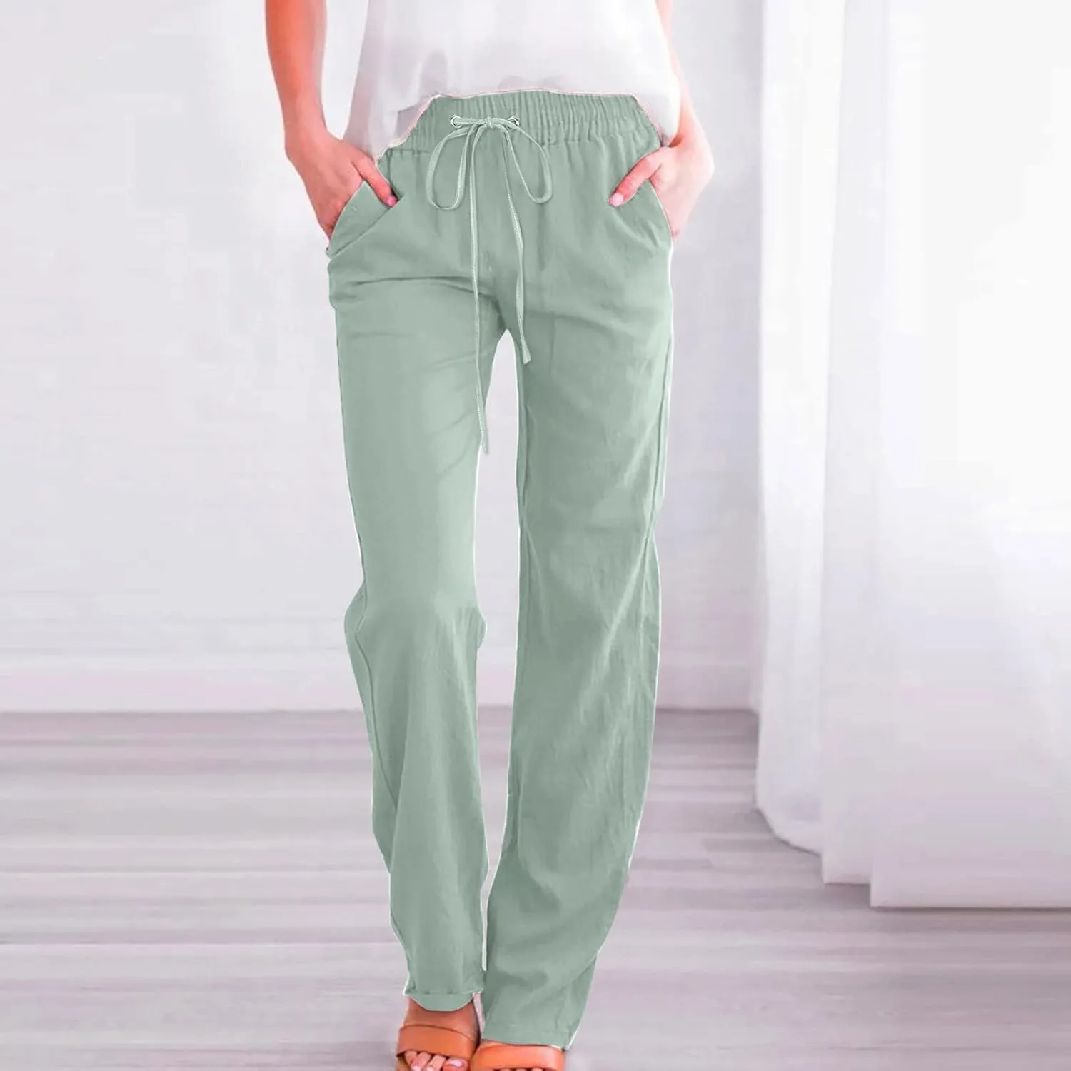 Women High Waisted Wide Leg Pants Casual Drawstring Elastic Trousers Comfy Straight Leg Cotton Jogging Pants for Women