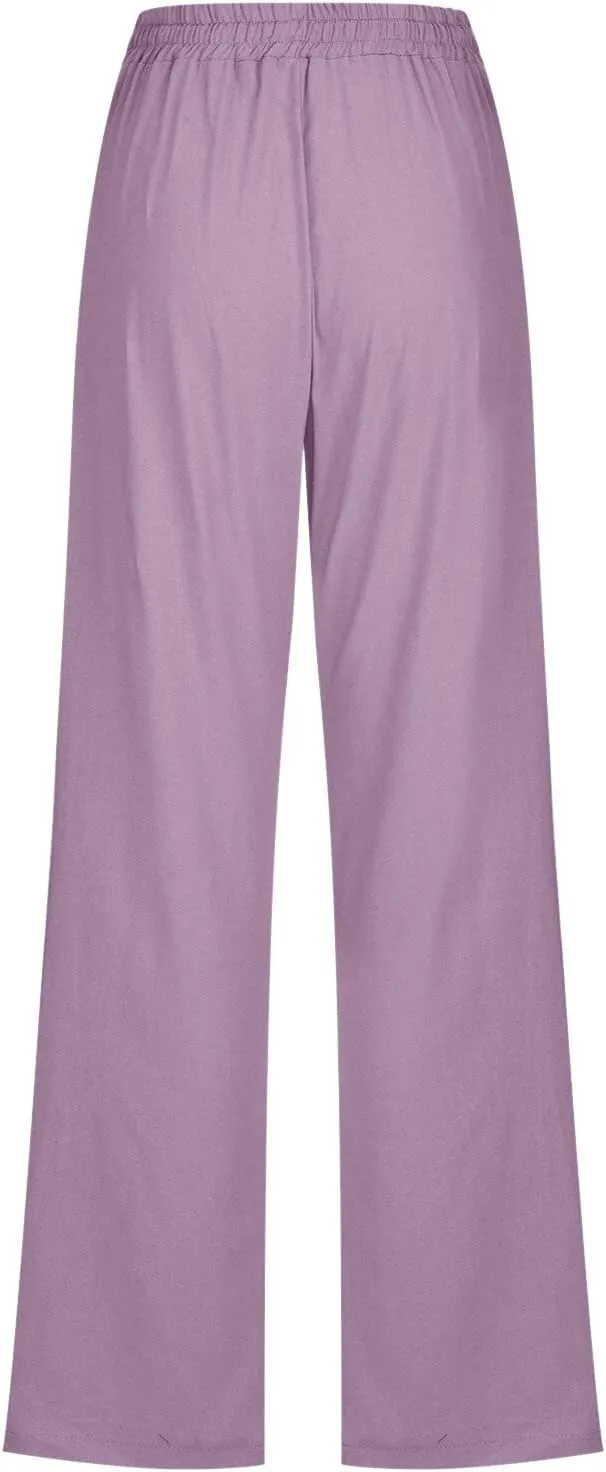 Women High Waisted Wide Leg Pants Casual Drawstring Elastic Trousers Comfy Straight Leg Cotton Jogging Pants for Women