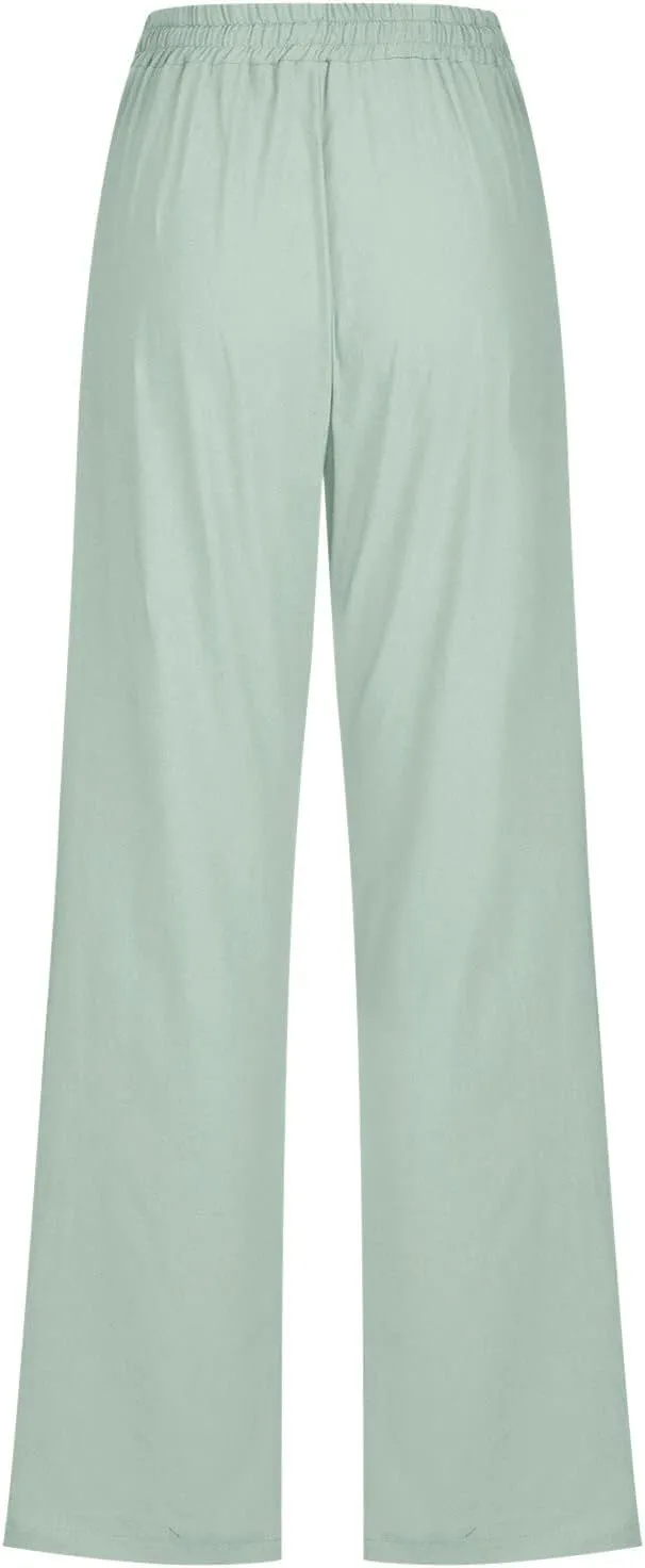 Women High Waisted Wide Leg Pants Casual Drawstring Elastic Trousers Comfy Straight Leg Cotton Jogging Pants for Women