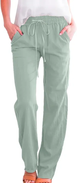 Women High Waisted Wide Leg Pants Casual Drawstring Elastic Trousers Comfy Straight Leg Cotton Jogging Pants for Women