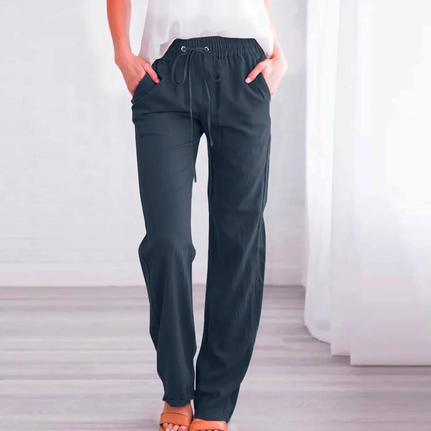 Women High Waisted Wide Leg Pants Casual Drawstring Elastic Trousers Comfy Straight Leg Cotton Jogging Pants for Women