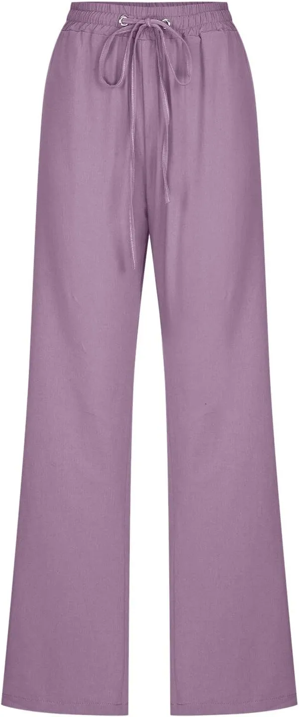 Women High Waisted Wide Leg Pants Casual Drawstring Elastic Trousers Comfy Straight Leg Cotton Jogging Pants for Women