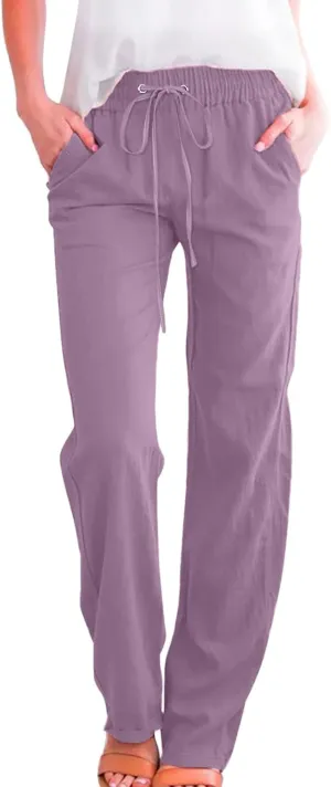 Women High Waisted Wide Leg Pants Casual Drawstring Elastic Trousers Comfy Straight Leg Cotton Jogging Pants for Women