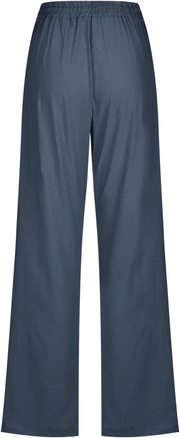 Women High Waisted Wide Leg Pants Casual Drawstring Elastic Trousers Comfy Straight Leg Cotton Jogging Pants for Women