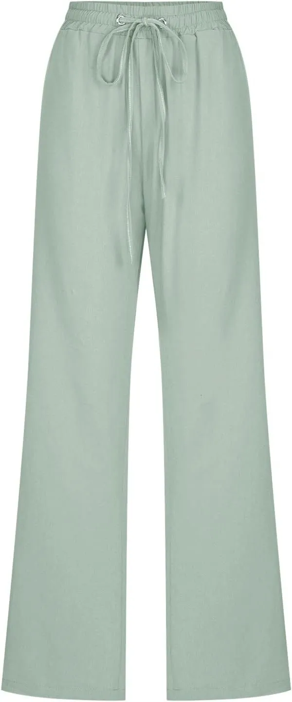 Women High Waisted Wide Leg Pants Casual Drawstring Elastic Trousers Comfy Straight Leg Cotton Jogging Pants for Women