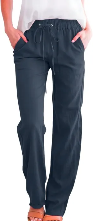 Women High Waisted Wide Leg Pants Casual Drawstring Elastic Trousers Comfy Straight Leg Cotton Jogging Pants for Women
