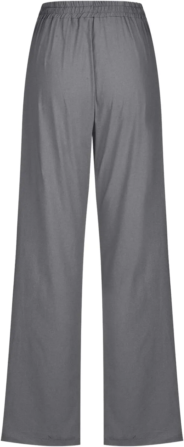 Women High Waisted Wide Leg Pants Casual Drawstring Elastic Trousers Comfy Straight Leg Long Pants with Pockets Casual