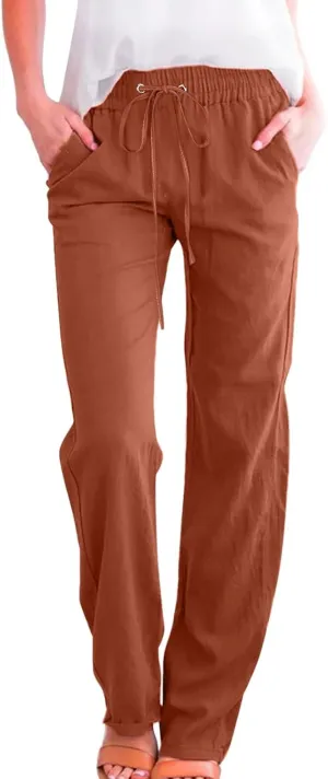 Women High Waisted Wide Leg Pants Casual Drawstring Elastic Trousers Comfy Straight Leg Long Pants with Pockets Casual