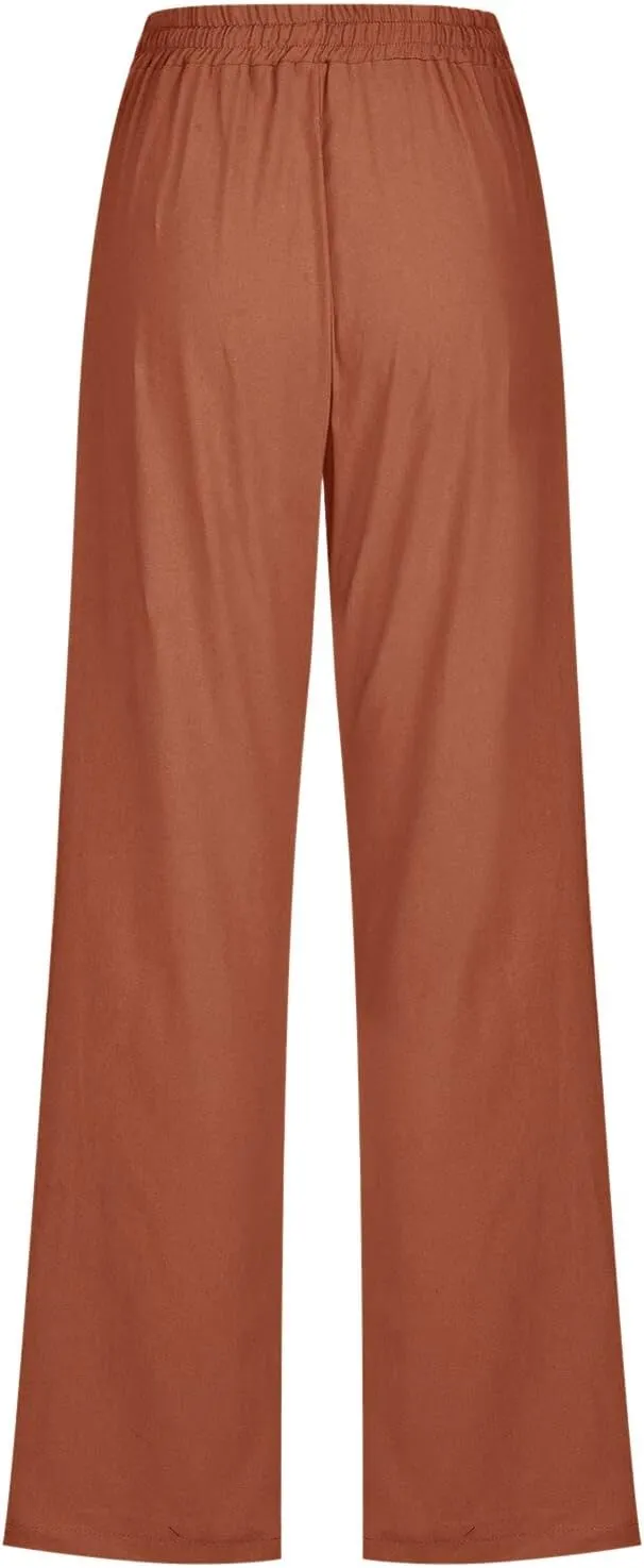 Women High Waisted Wide Leg Pants Casual Drawstring Elastic Trousers Comfy Straight Leg Long Pants with Pockets Casual