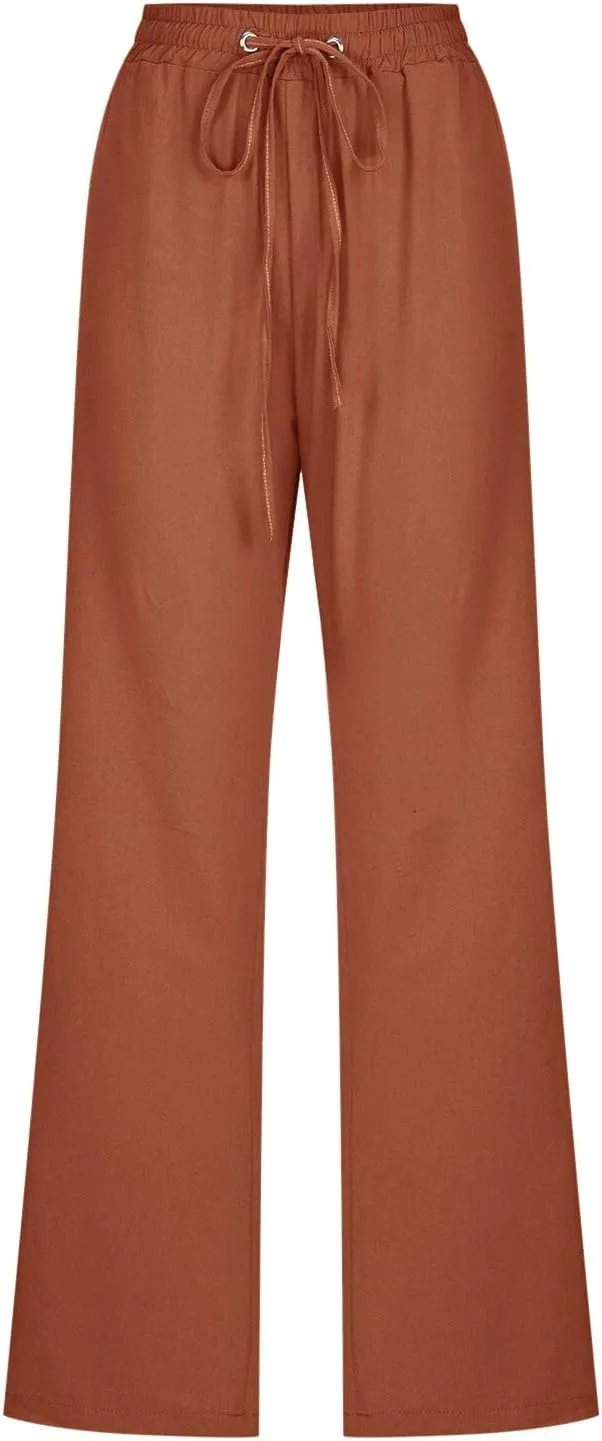 Women High Waisted Wide Leg Pants Casual Drawstring Elastic Trousers Comfy Straight Leg Long Pants with Pockets Casual