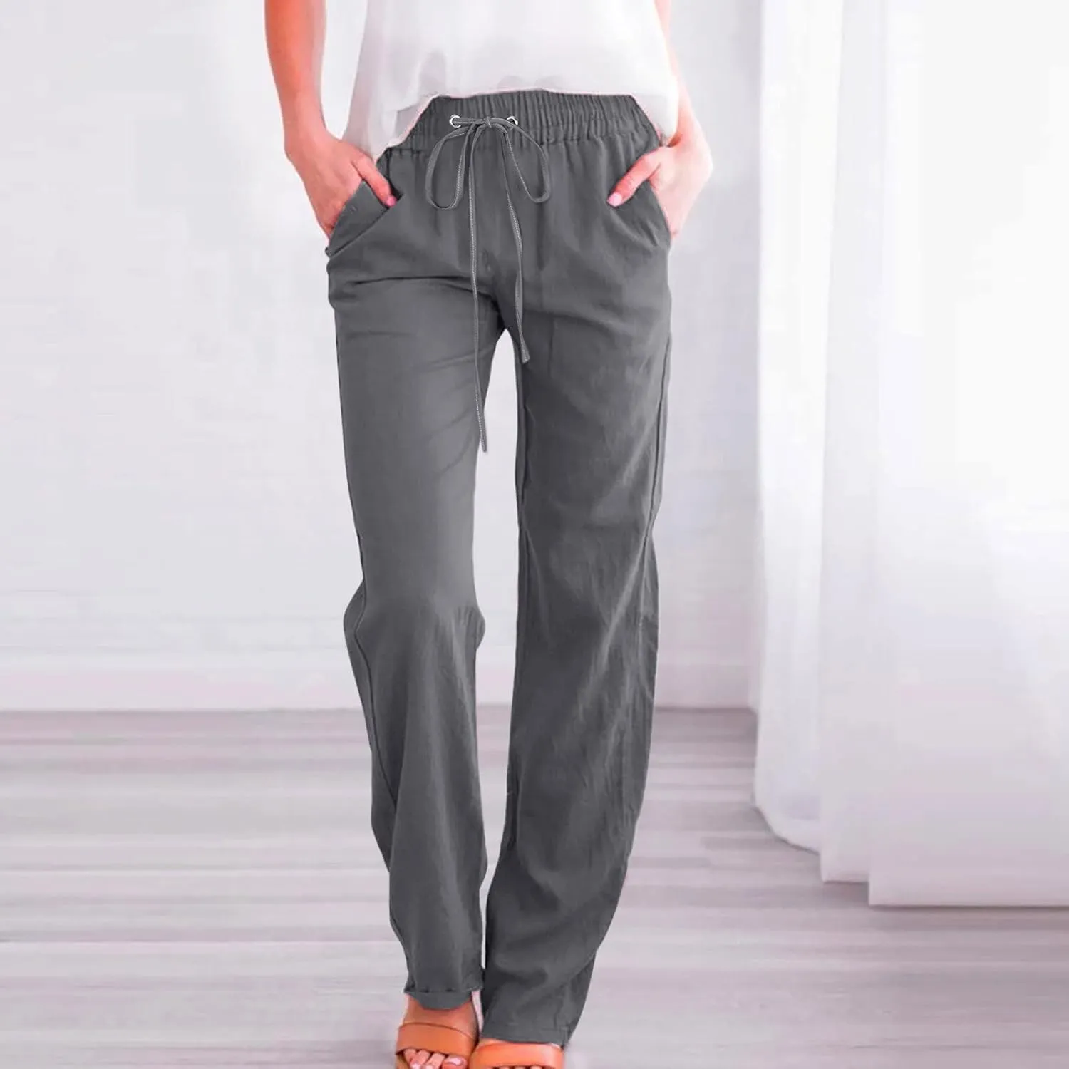 Women High Waisted Wide Leg Pants Casual Drawstring Elastic Trousers Comfy Straight Leg Long Pants with Pockets Casual
