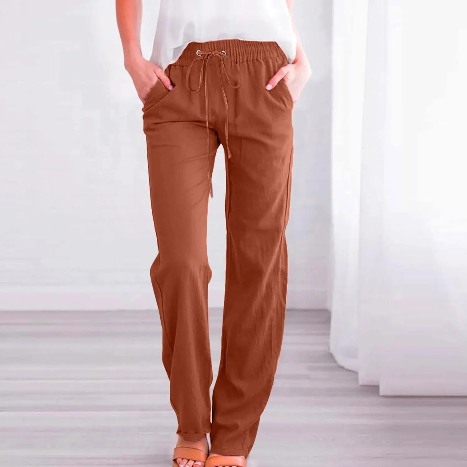 Women High Waisted Wide Leg Pants Casual Drawstring Elastic Trousers Comfy Straight Leg Long Pants with Pockets Casual