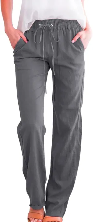 Women High Waisted Wide Leg Pants Casual Drawstring Elastic Trousers Comfy Straight Leg Long Pants with Pockets Casual