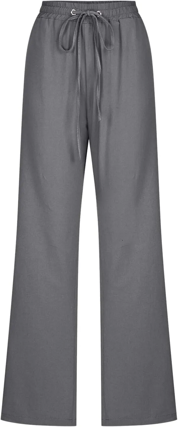 Women High Waisted Wide Leg Pants Casual Drawstring Elastic Trousers Comfy Straight Leg Long Pants with Pockets Casual
