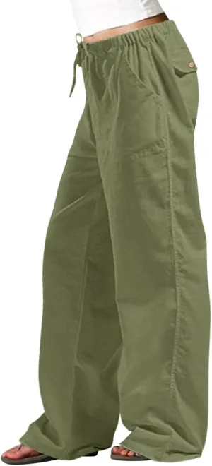 Women Linen Palazzo Pants Summer Wide Leg Elastic High Waist Casual Loose Beach Long Lounge Trousers with Pockets