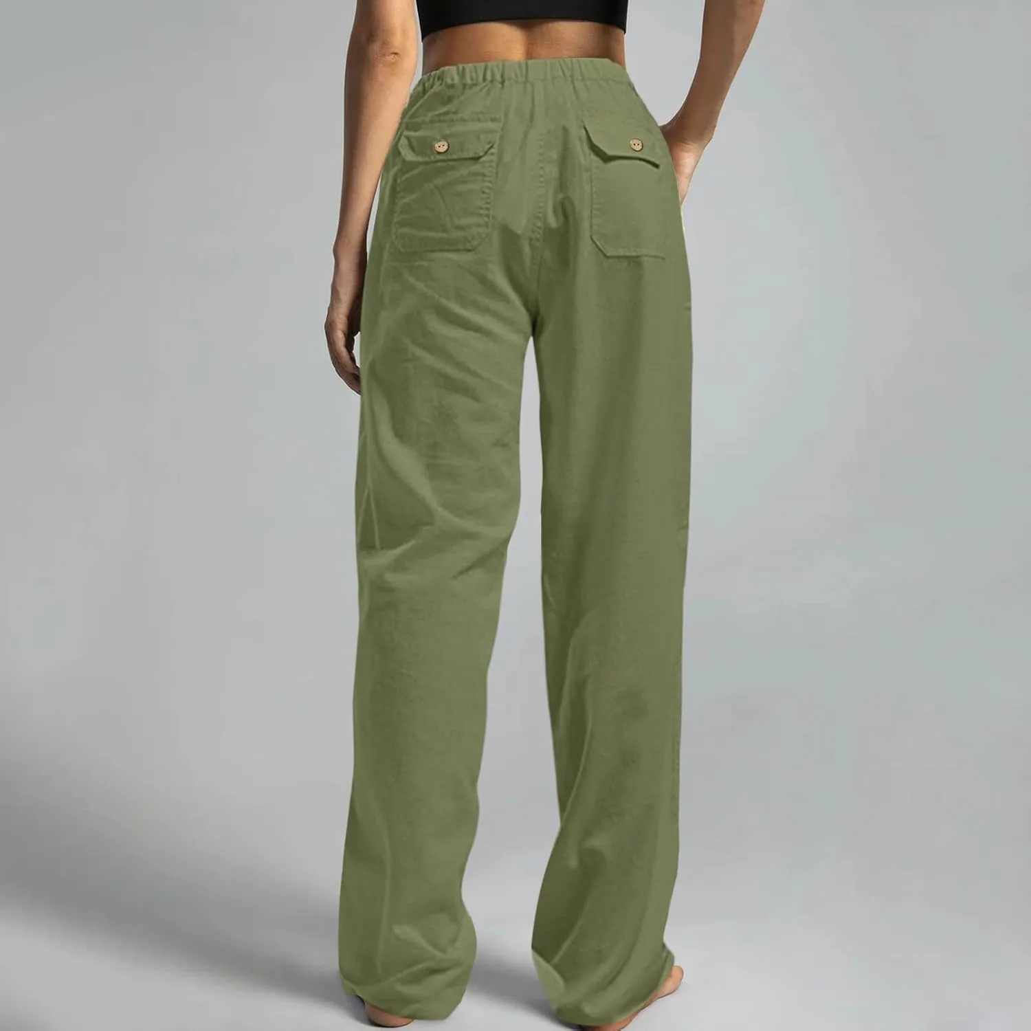 Women Linen Palazzo Pants Summer Wide Leg Elastic High Waist Casual Loose Beach Long Lounge Trousers with Pockets