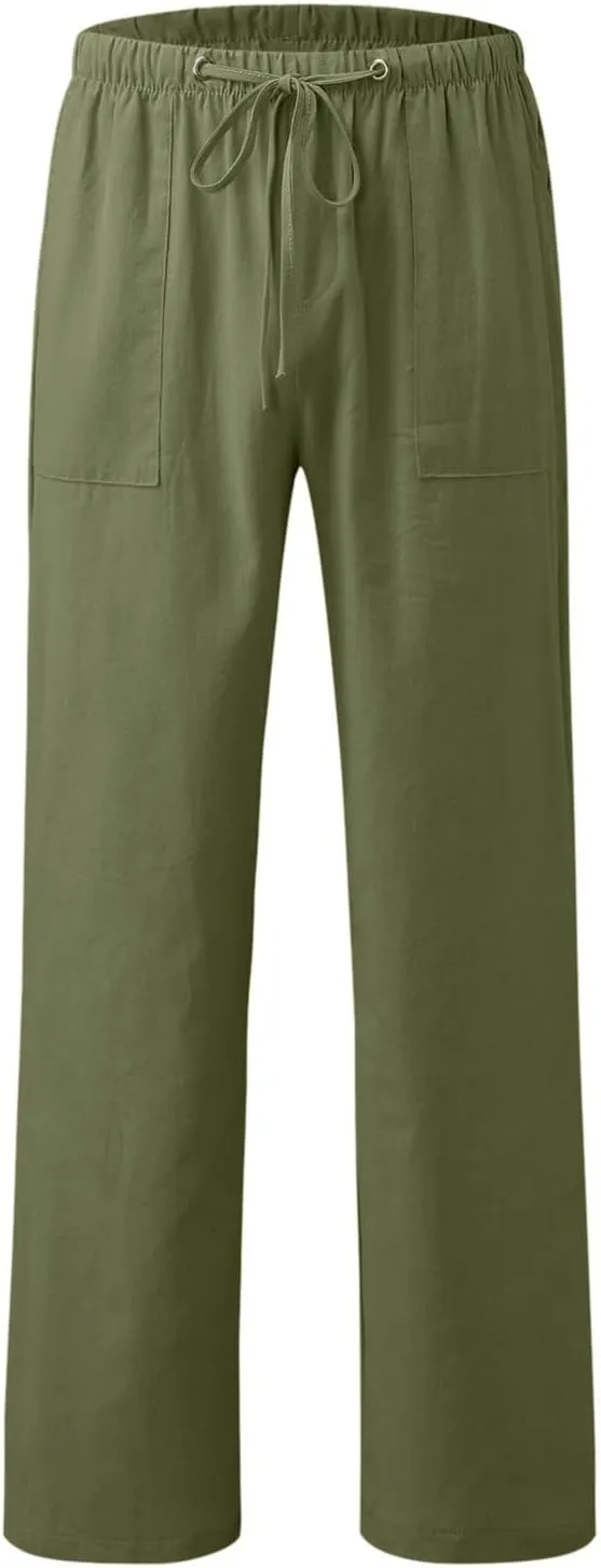 Women Linen Palazzo Pants Summer Wide Leg Elastic High Waist Casual Loose Beach Long Lounge Trousers with Pockets
