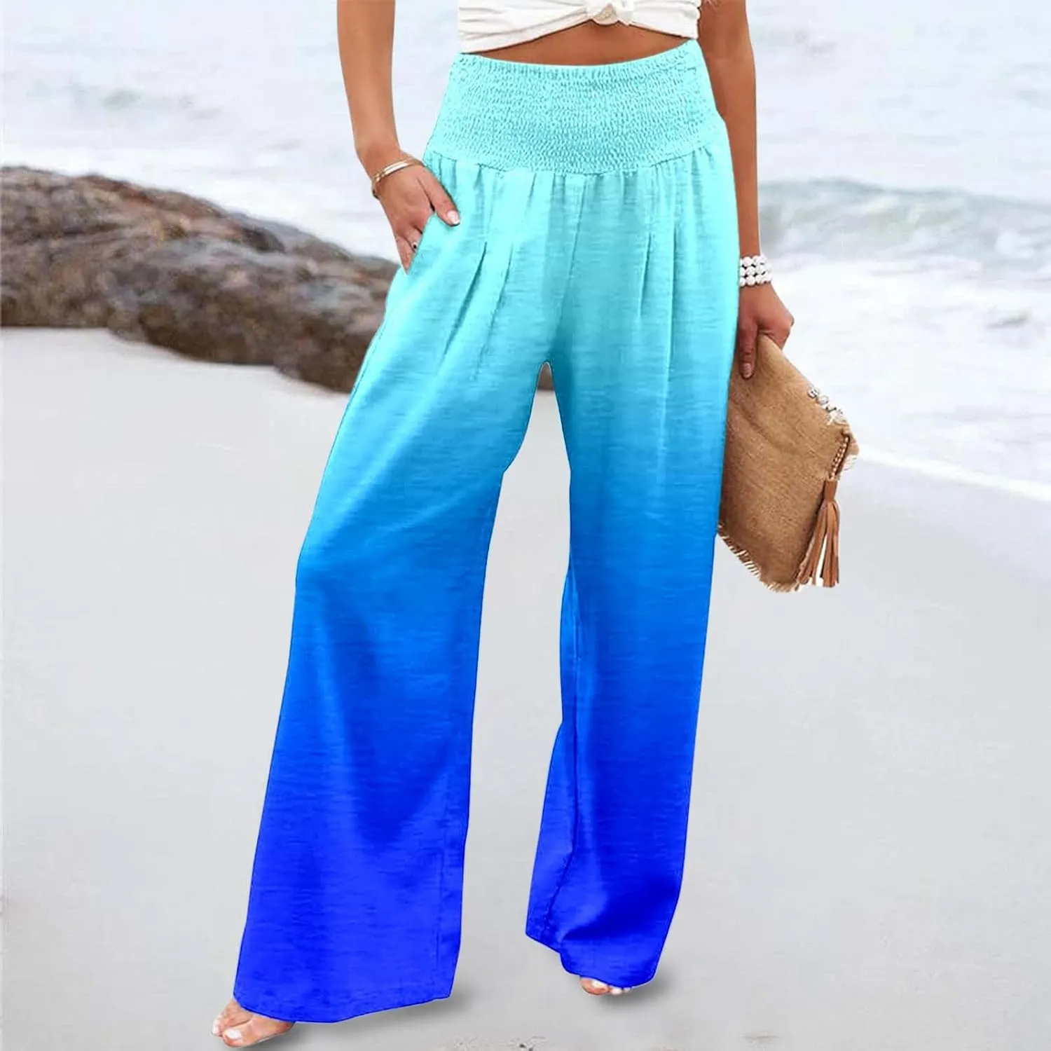 Women Linen Pants 2025 Summer Casual Loose Wide Leg Palazzo Pants Smocked High Waist Flowy Tie Dye Beach Trousers