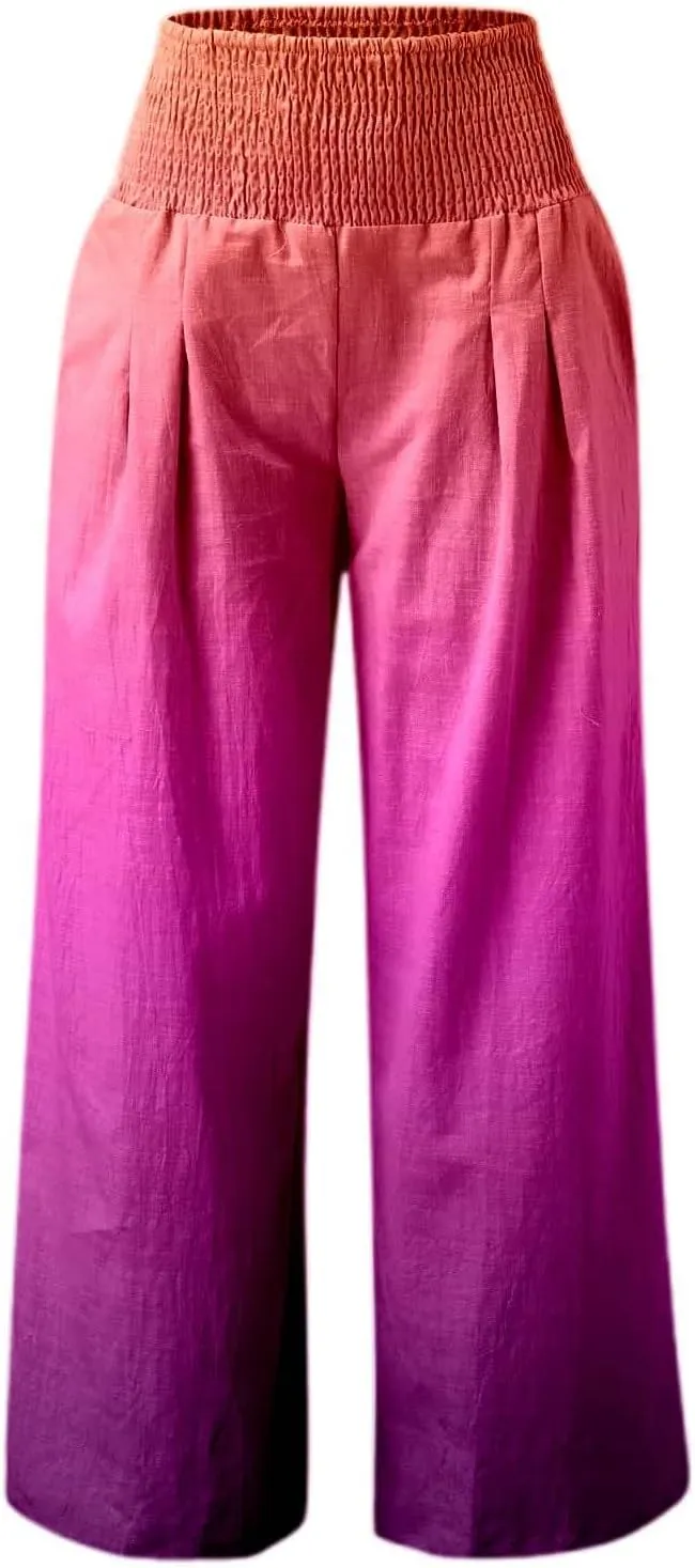 Women Linen Pants 2025 Summer Casual Loose Wide Leg Palazzo Pants Smocked High Waist Flowy Tie Dye Beach Trousers