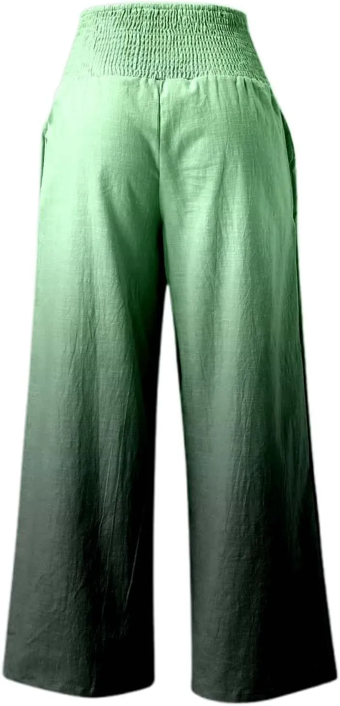 Women Linen Pants 2025 Summer Casual Loose Wide Leg Palazzo Pants Smocked High Waist Flowy Tie Dye Beach Trousers