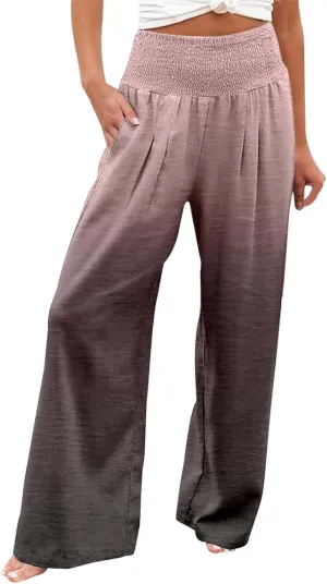 Women Linen Pants 2025 Summer Casual Loose Wide Leg Palazzo Pants Smocked High Waist Flowy Tie Dye Beach Trousers