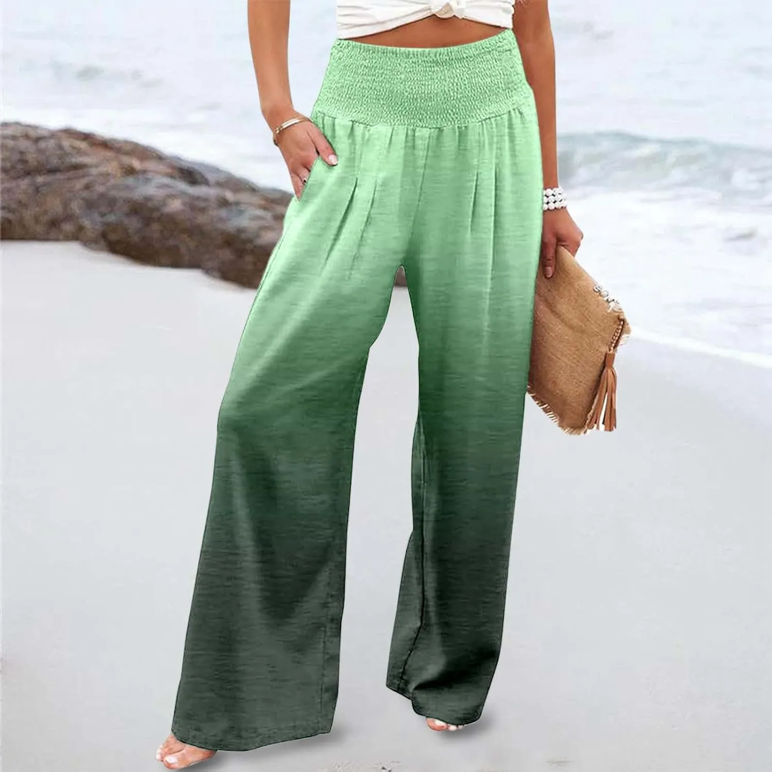 Women Linen Pants 2025 Summer Casual Loose Wide Leg Palazzo Pants Smocked High Waist Flowy Tie Dye Beach Trousers