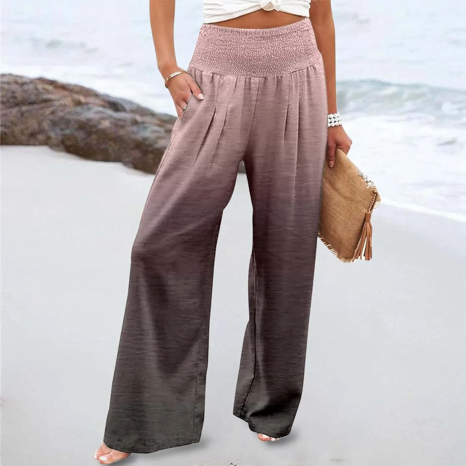 Women Linen Pants 2025 Summer Casual Loose Wide Leg Palazzo Pants Smocked High Waist Flowy Tie Dye Beach Trousers