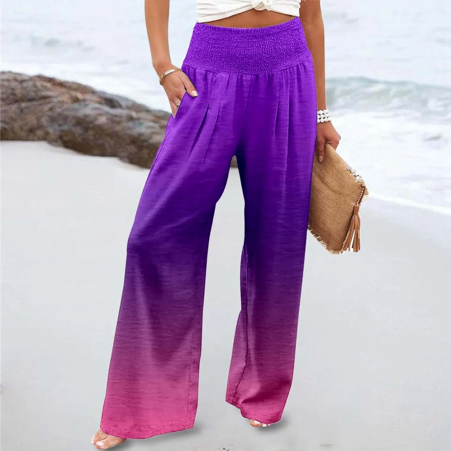 Women Linen Pants 2025 Summer Casual Loose Wide Leg Palazzo Pants Smocked High Waist Flowy Tie Dye Beach Trousers