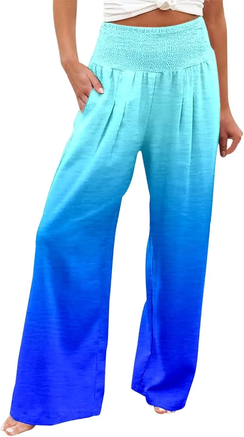 Women Linen Pants 2025 Summer Casual Loose Wide Leg Palazzo Pants Smocked High Waist Flowy Tie Dye Beach Trousers