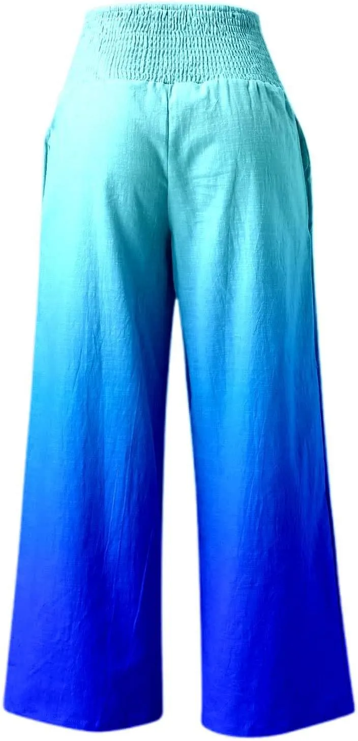 Women Linen Pants 2025 Summer Casual Loose Wide Leg Palazzo Pants Smocked High Waist Flowy Tie Dye Beach Trousers