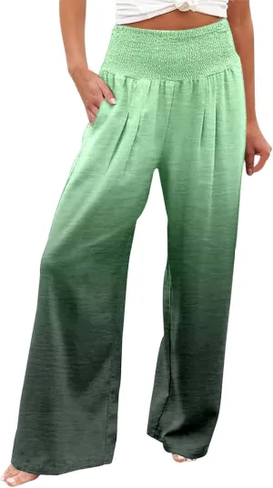 Women Linen Pants 2025 Summer Casual Loose Wide Leg Palazzo Pants Smocked High Waist Flowy Tie Dye Beach Trousers