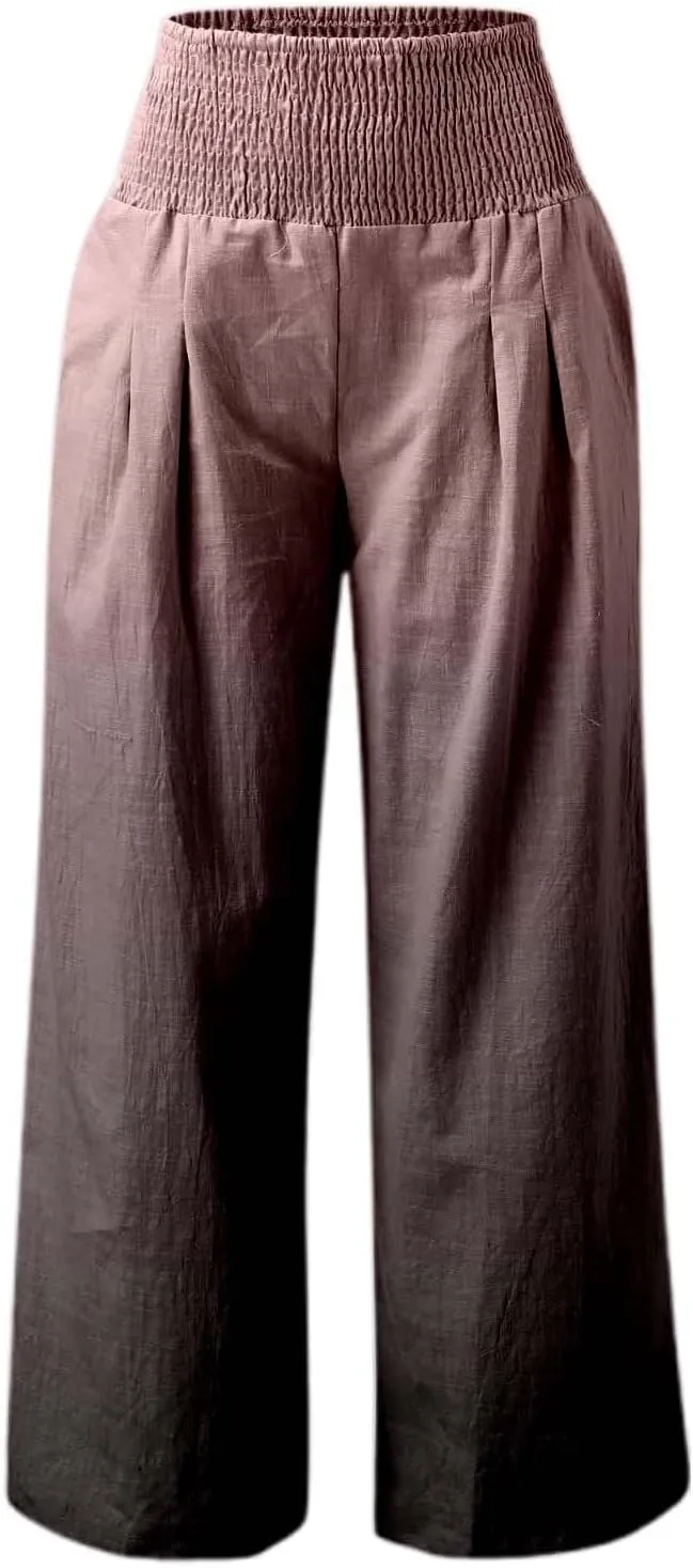 Women Linen Pants 2025 Summer Casual Loose Wide Leg Palazzo Pants Smocked High Waist Flowy Tie Dye Beach Trousers