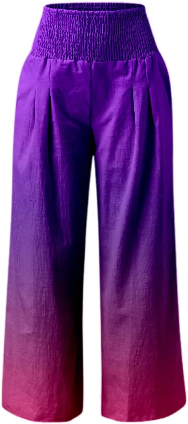 Women Linen Pants 2025 Summer Casual Loose Wide Leg Palazzo Pants Smocked High Waist Flowy Tie Dye Beach Trousers
