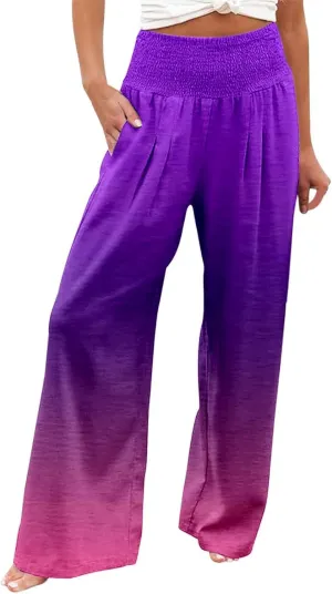 Women Linen Pants 2025 Summer Casual Loose Wide Leg Palazzo Pants Smocked High Waist Flowy Tie Dye Beach Trousers