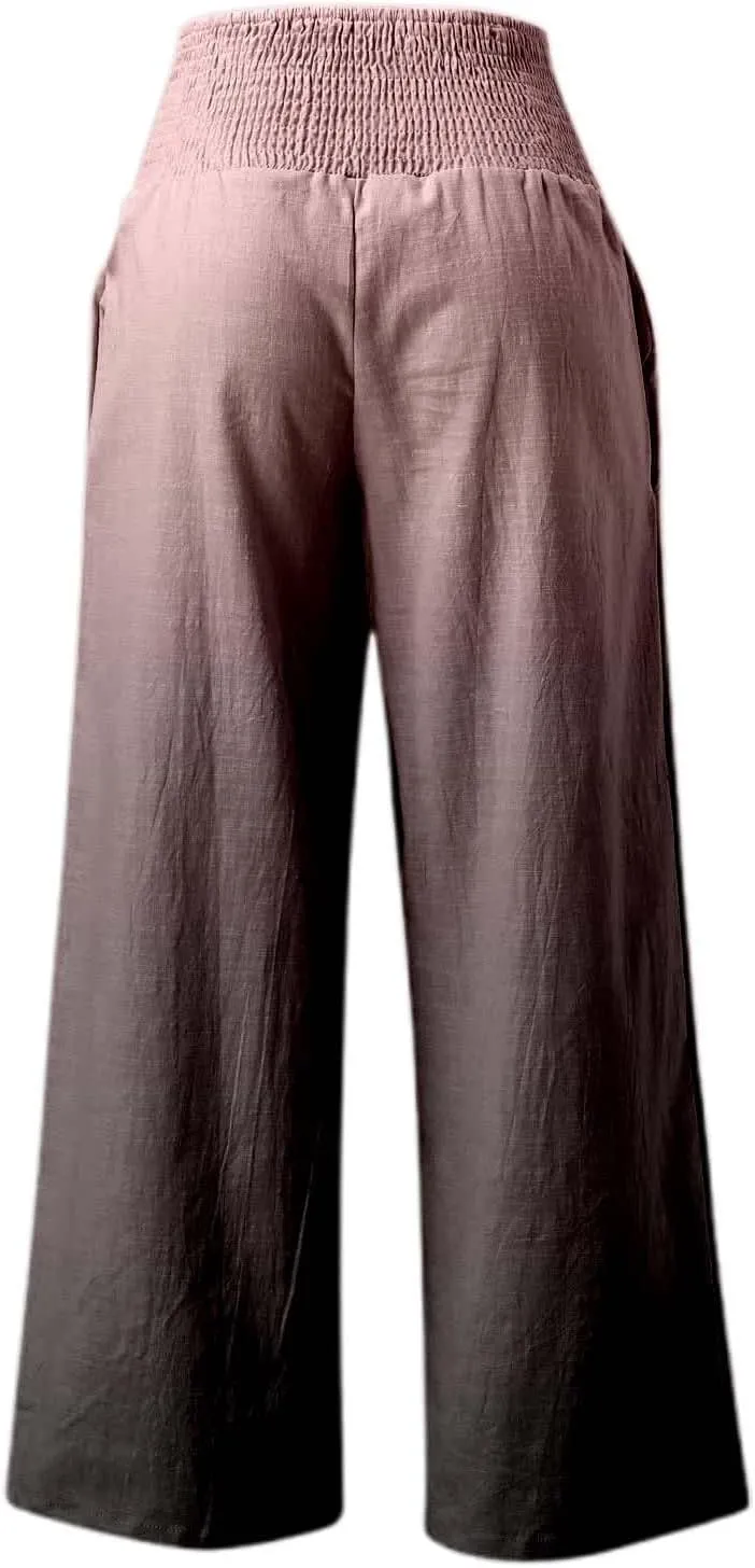 Women Linen Pants 2025 Summer Casual Loose Wide Leg Palazzo Pants Smocked High Waist Flowy Tie Dye Beach Trousers