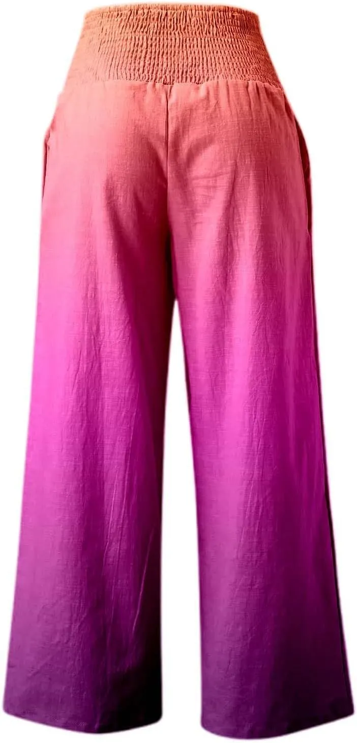 Women Linen Pants 2025 Summer Casual Loose Wide Leg Palazzo Pants Smocked High Waist Flowy Tie Dye Beach Trousers