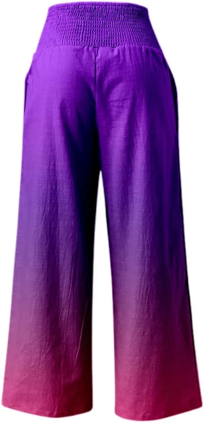 Women Linen Pants 2025 Summer Casual Loose Wide Leg Palazzo Pants Smocked High Waist Flowy Tie Dye Beach Trousers