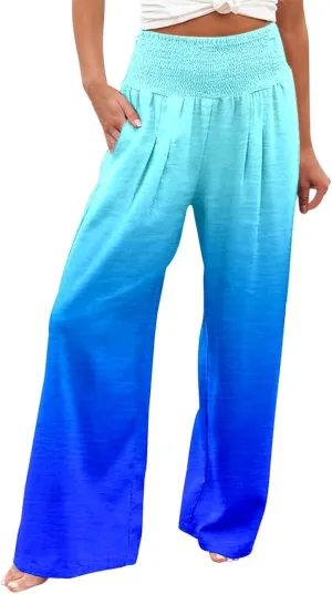 Women Linen Pants 2025 Summer Casual Loose Wide Leg Palazzo Pants Smocked High Waist Flowy Tie Dye Beach Trousers