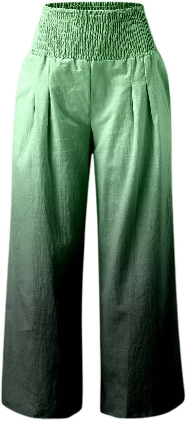 Women Linen Pants 2025 Summer Casual Loose Wide Leg Palazzo Pants Smocked High Waist Flowy Tie Dye Beach Trousers