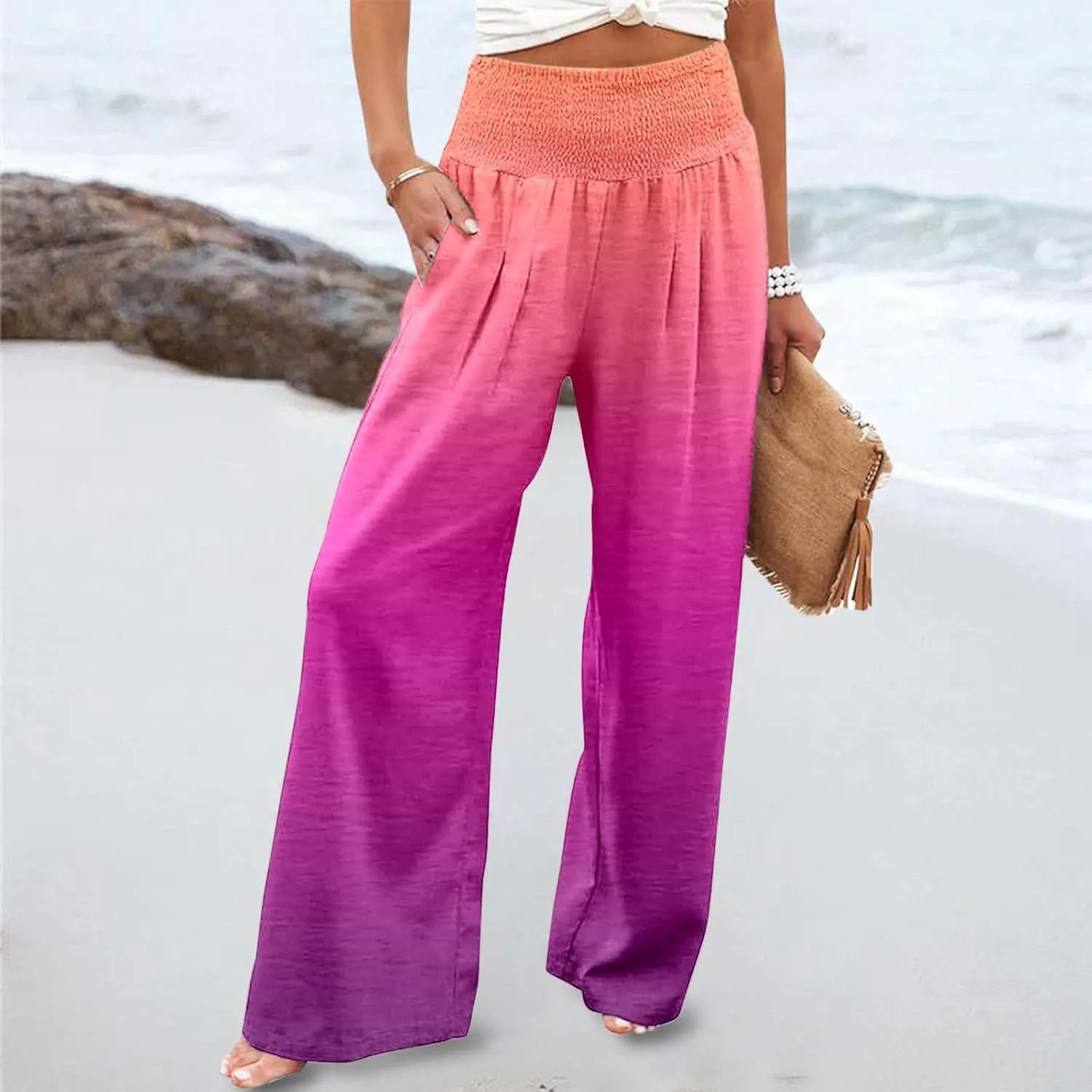 Women Linen Pants 2025 Summer Casual Loose Wide Leg Palazzo Pants Smocked High Waist Flowy Tie Dye Beach Trousers