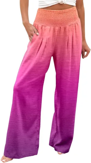 Women Linen Pants 2025 Summer Casual Loose Wide Leg Palazzo Pants Smocked High Waist Flowy Tie Dye Beach Trousers