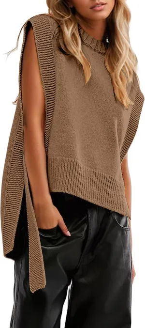 Women Oversized Crew Neck Sleeveless Sweater Vest Top High Low Hem Tie Up Knitted Pullover Tank Tops