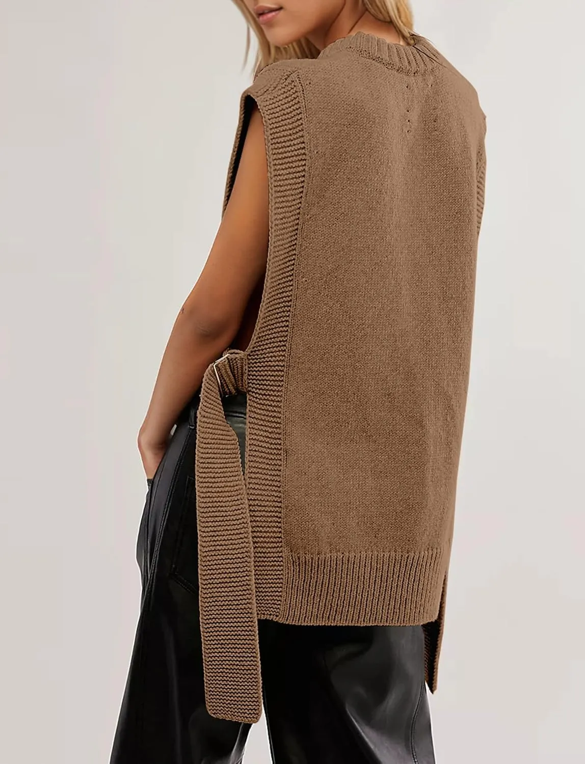 Women Oversized Crew Neck Sleeveless Sweater Vest Top High Low Hem Tie Up Knitted Pullover Tank Tops