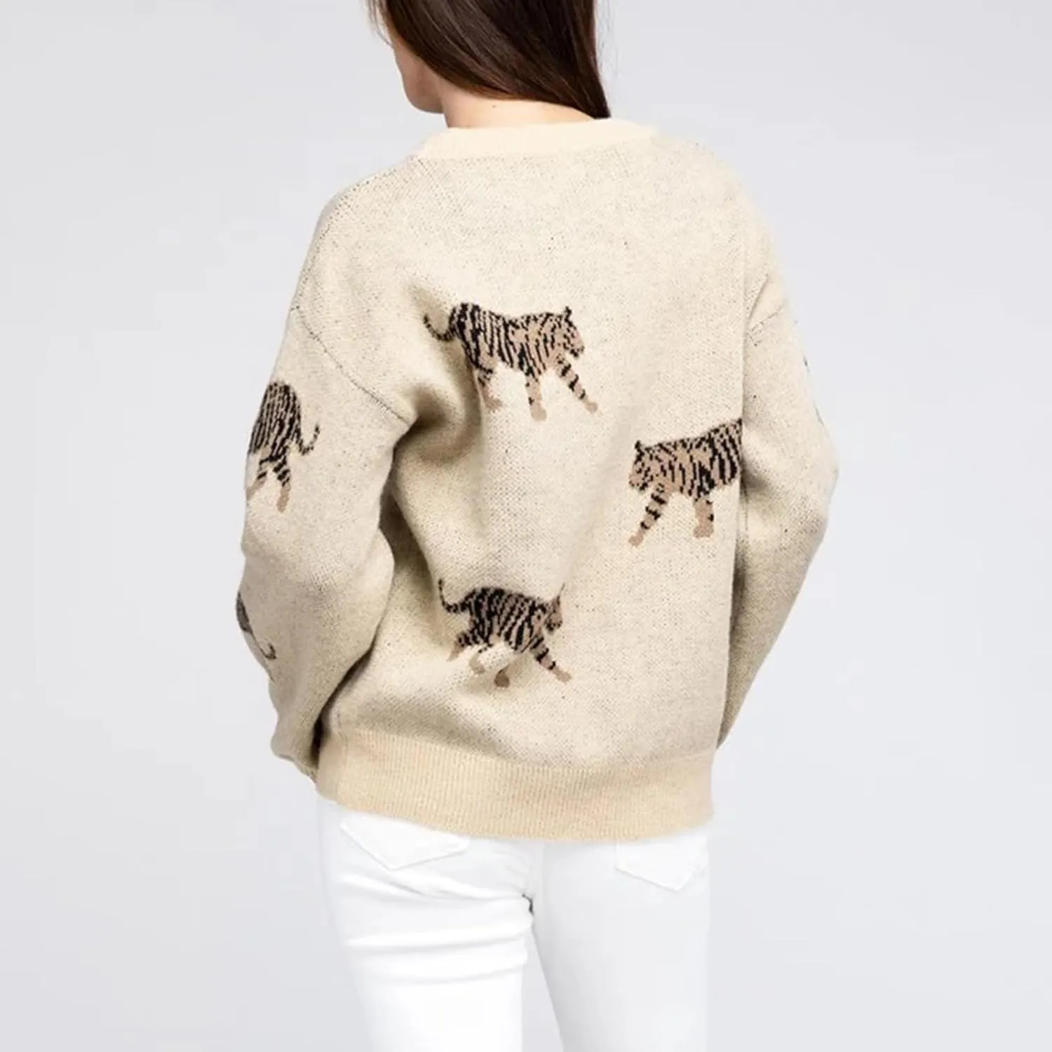 Women Oversized Knit Sweater Tiger Print Long Sleeve Pullover Tops Aesthetic Clothes Streetwear Knitwear