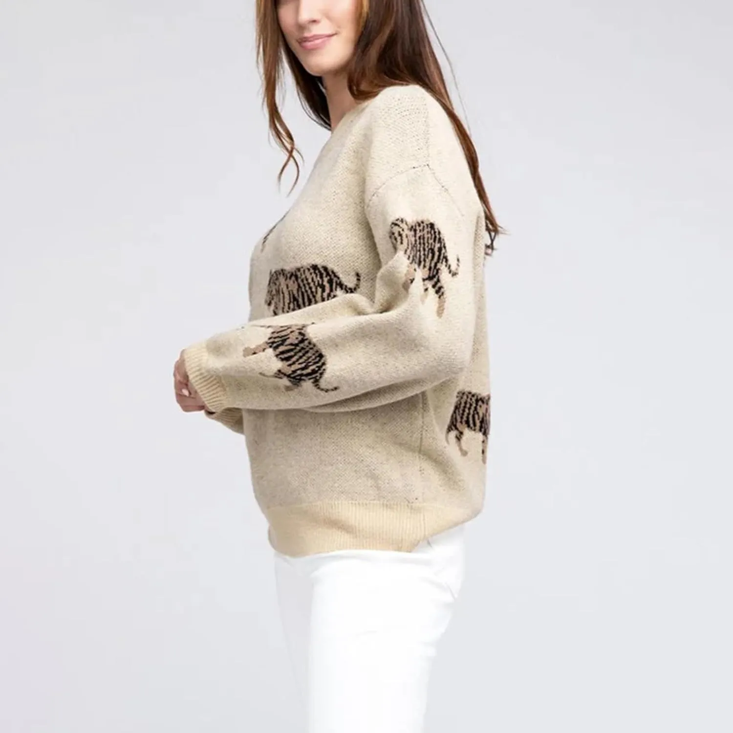 Women Oversized Knit Sweater Tiger Print Long Sleeve Pullover Tops Aesthetic Clothes Streetwear Knitwear