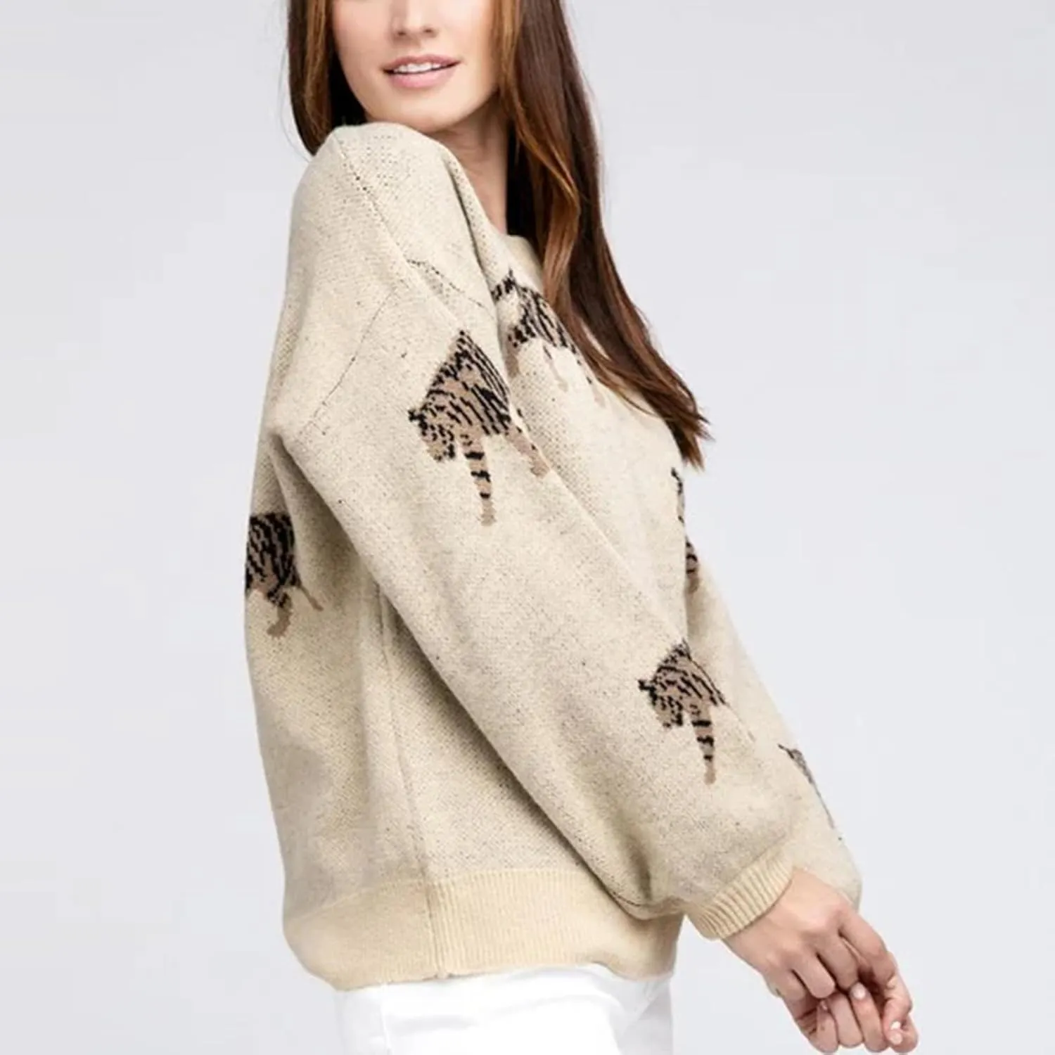 Women Oversized Knit Sweater Tiger Print Long Sleeve Pullover Tops Aesthetic Clothes Streetwear Knitwear